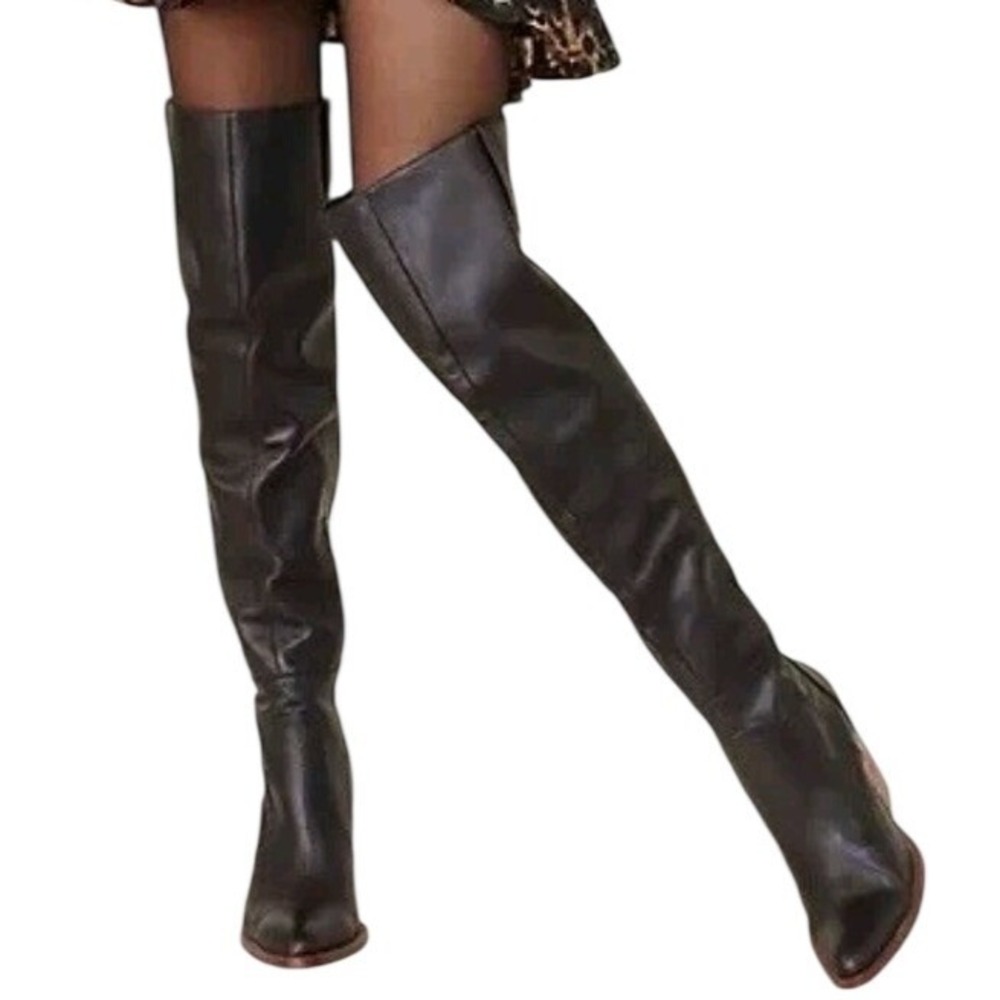 Silent D Anthropologie Black Leather Over Knee Western Heel Boots Sz 37